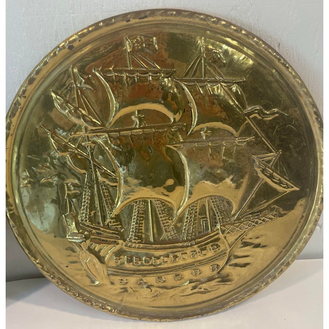 Vintage Brass Ship Wall Hanging Plates - A Pair For Sale - Image 4 of 6