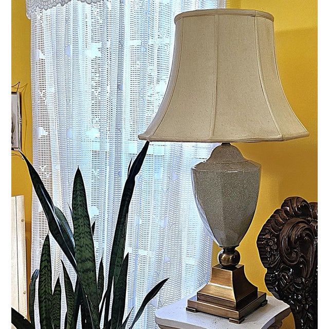 Vintage Crackle Glaze Ceramic Table Lamp on Antiqued Brass Base, Transitional Style For Sale - Image 15 of 18
