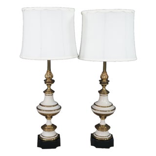 Mid 20th Century Stiffel Hollywood Regency Empire White Enamel & Brass Buffet Table Lamps - Pair For Sale