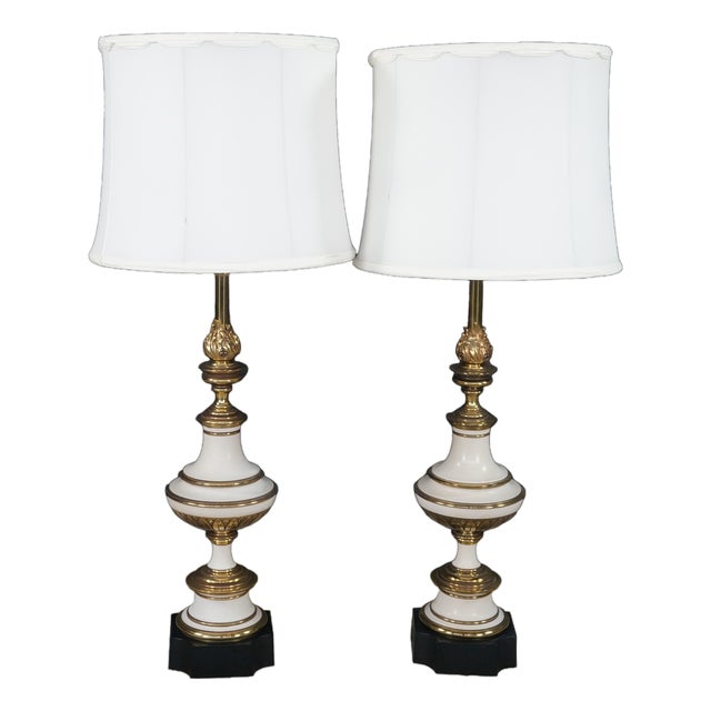 Mid 20th Century Stiffel Hollywood Regency Empire White Enamel & Brass Buffet Table Lamps - Pair For Sale