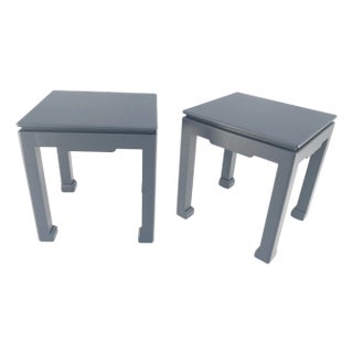 Pair 28"H Lacquered Linen Cloth Light Grey Square End Side Occasional Tables For Sale