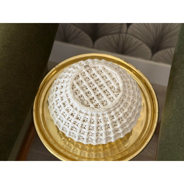 Off-white Vintage Handmade Chinoiserie Reticulated Woven Wicker Lattice Porcelain Basket Vase Sculpture For Sale - Image 8 of 10