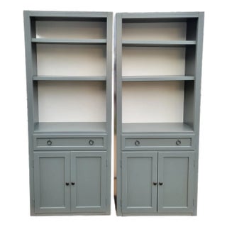 Crate & Barrel Cameo Grey Storage Bookcases, A Pair For Sale