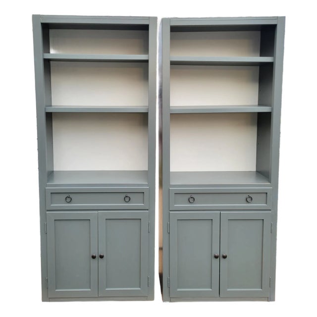 Crate & Barrel Cameo Grey Storage Bookcases, A Pair For Sale