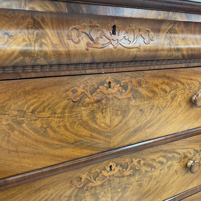 Flame Mahogany Rococo Revival Chest With Swan Mirror For Sale - Image 6 of 11