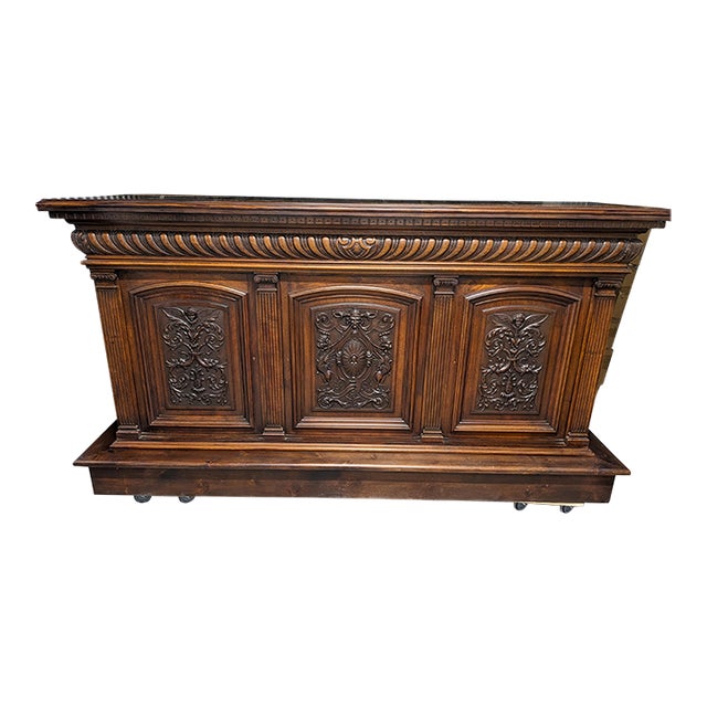 Bar, 19th Century French Renaissance Vintage Carved Buffet With a Marble Top For Sale