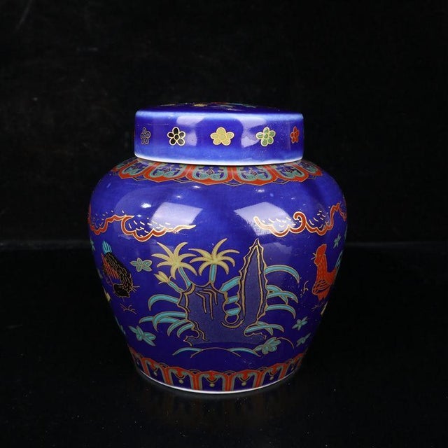 Ceramic Blue Ground Doucai Rooster Family Porcelain Ginger Jar, Chinoiserie Lidded Canister For Sale - Image 7 of 9