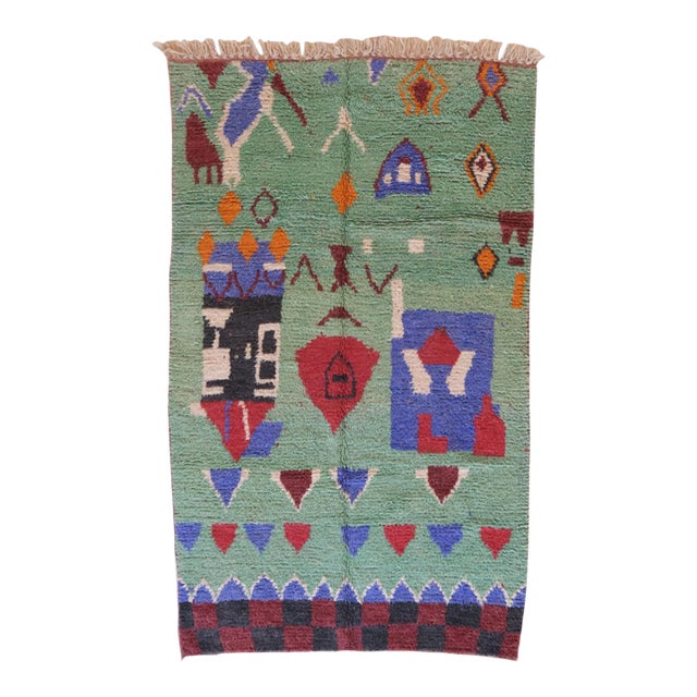 Green Wool Rug With Abstract Berber Motifs - 9.2 X 5.4 Ft For Sale