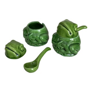 Pair of Majolica Frog Condiment Servers Italian Pottery For Sale