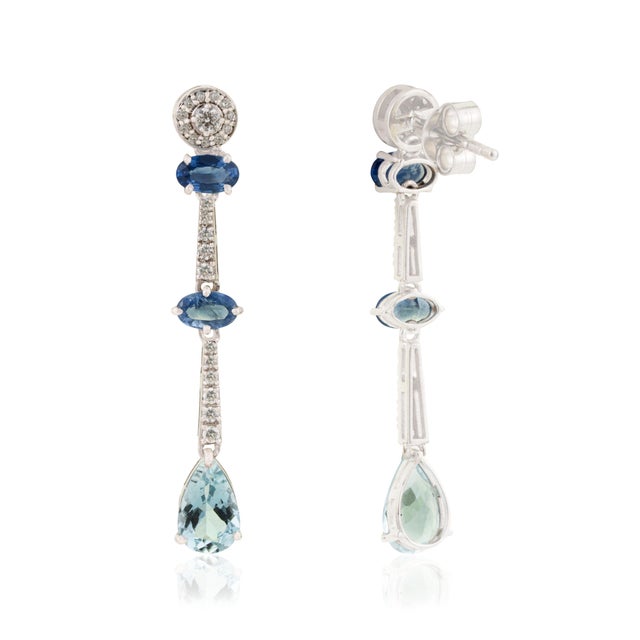 Gemstone Modern 1.02ct Sapphire Aquamarine Diamond Linear Drop Earrings in 14k Gold- A Pair For Sale - Image 7 of 13