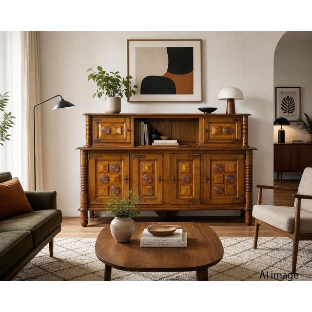 1940s 19th Century French Deux Corps Buffet Oak and Copper Cabinet by Dudouyt, 1940s For Sale - Image 5 of 18