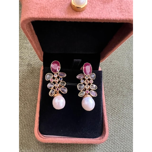 Bochic "Capri" Vintage Ruby & Rose Cut Sapphire Earrings Set 18K Gold & Silver For Sale - Image 4 of 18