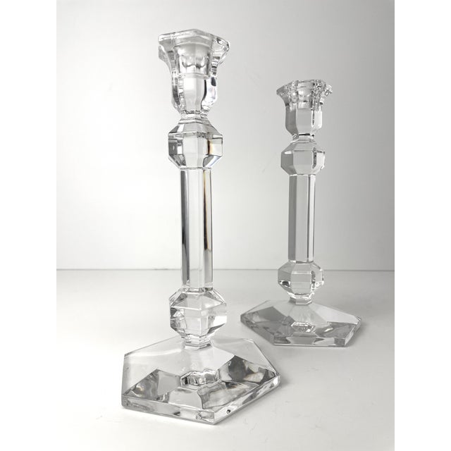 A pair of hexagonal faceted crystal candlesticks from the Gardenia collection, manufactured by Belgian company Val Saint...