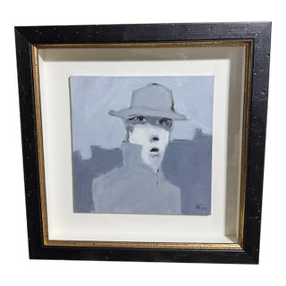 Hans Feyerabend – Signed 2004 Expressionist Portrait of Gentleman in Fedora – Original Painting, Framed For Sale