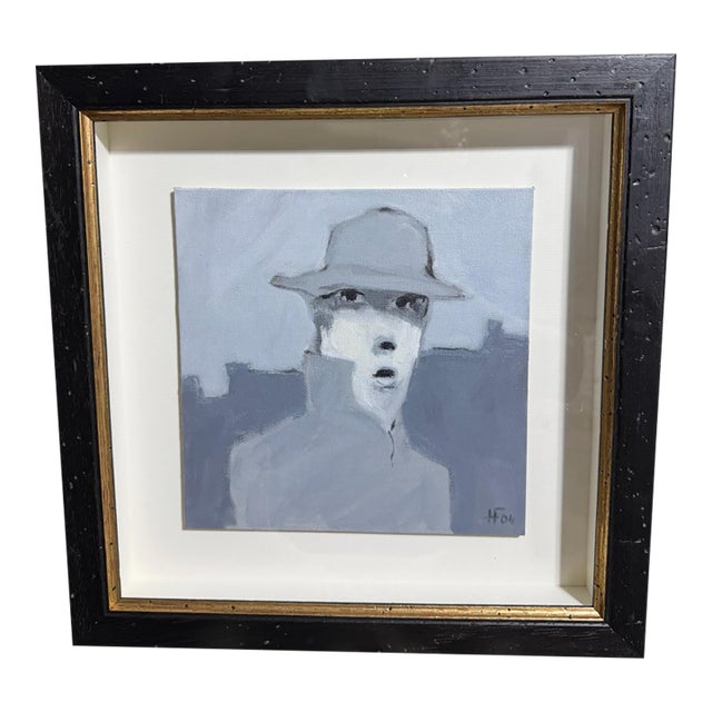 Hans Feyerabend – Signed 2004 Expressionist Portrait of Gentleman in Fedora – Original Painting, Framed For Sale
