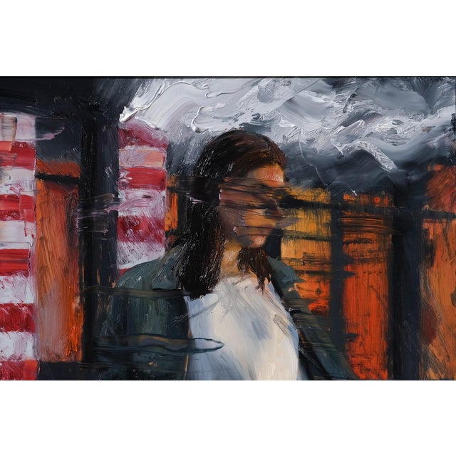 Contemporary Dividing Lines by Stefan Smit | Oil on Panel Woman standing in front of striped columns in a cityscape. For Sale - Image 3 of 4