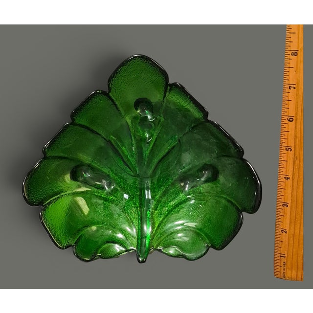 Late 20th Century Vintage Forest Green Glass Leaf Shaped Footed Candy Dish For Sale - Image 5 of 6