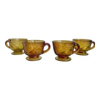 Vintage Tiara Glass Footed Punch Cups - Dark Amber Burnt Honey Sweet Pear Design - Set of 4 For Sale