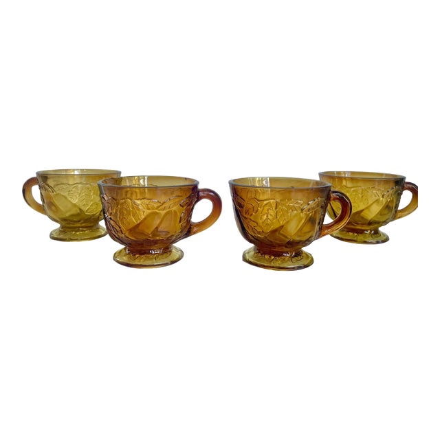 Vintage Tiara Glass Footed Punch Cups - Dark Amber Burnt Honey Sweet Pear Design - Set of 4 For Sale