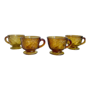 Vintage Tiara Glass Footed Punch Cups - Dark Amber Burnt Honey Sweet Pear Design - Set of 4