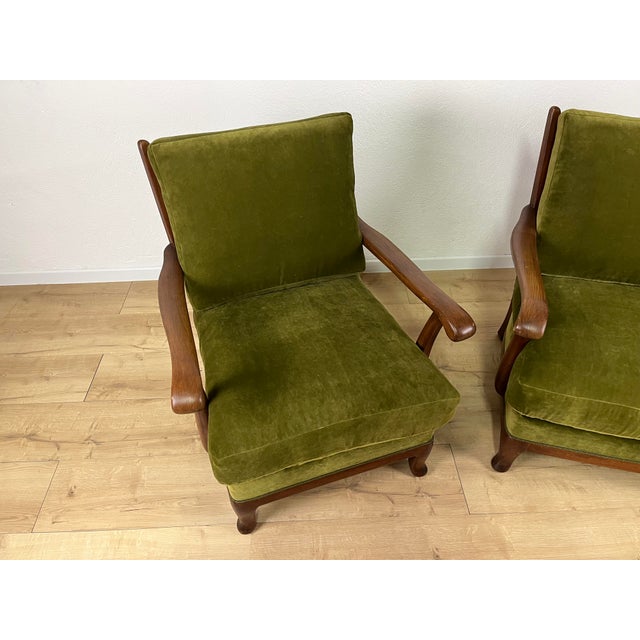 Set of Wooden and Green Velvet Chairs, 1950s For Sale - Image 4 of 9