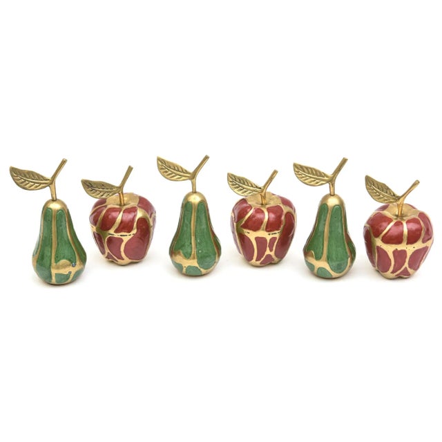 Vintage Brass and Enamel Red and Green Apple and Pear Objects and Sculptures Set of 6 For Sale - Image 12 of 12