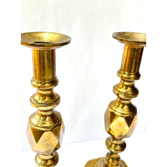 Late 19th Century Antique King of Diamonds Brass Candlesticks English, a Pair For Sale - Image 4 of 9