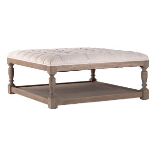 Patrice Square Ottoman - Natural Linen / Reclaimed Oak Frame For Sale