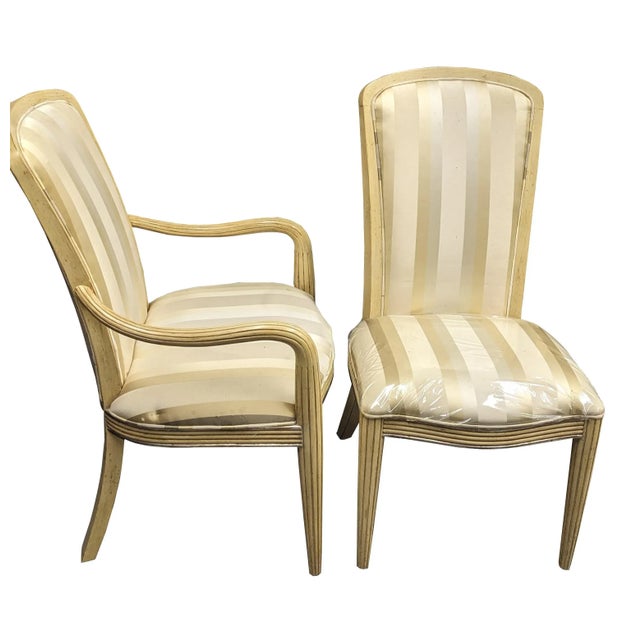 Set of six Century Furniture pickled oak dining chairs. Features a striped upholstery and ribbed frame. Dimensions: 21" x...