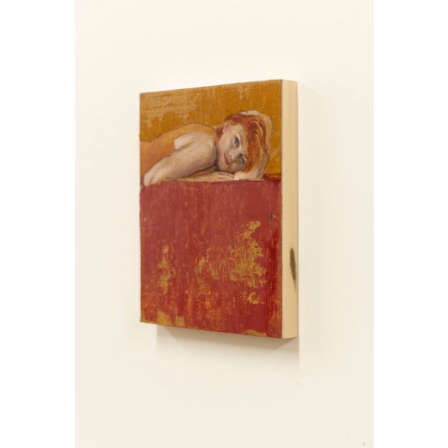 Abstract Orange and Red by J Louis | Oil on Cradled Panel Portrait of a Woman Lying on a Red Surface For Sale - Image 3 of 4