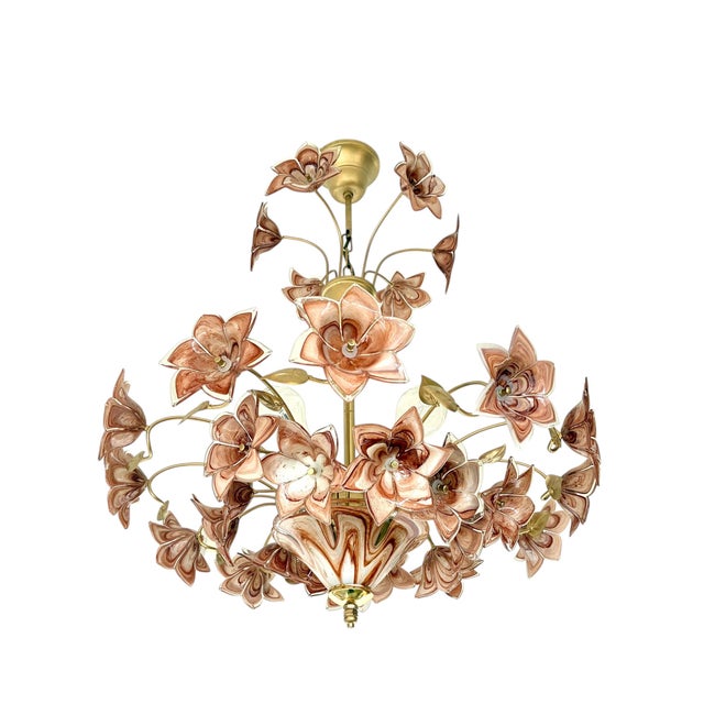 Large Murano Style Brown Flower Bouquet Chandelier With 4 E27 Bulbs. Hand-Blown Glass Flowers, Restored , Rare Italian Vintage For Sale - Image 10 of 17
