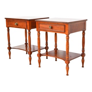 Baker Furniture American Colonial Carved Cherry Wood Nightstands, Pair For Sale