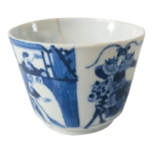 18th Century Chinese Blue and White Wine Cup With Warriors