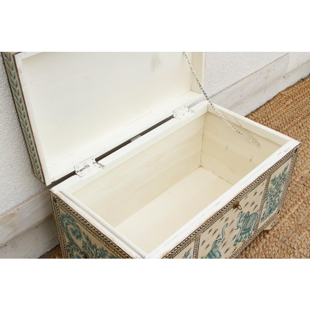 Vintage Blue & White Elephant Painted Trunk For Sale In Los Angeles - Image 6 of 10
