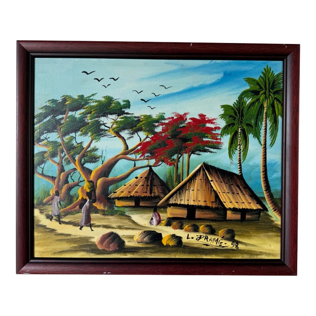 Vintage Haitian Landscape Oil Painting – Signed L.. Framé For Sale