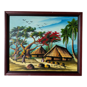 Vintage Haitian Landscape Oil Painting – Signed L.. Framé