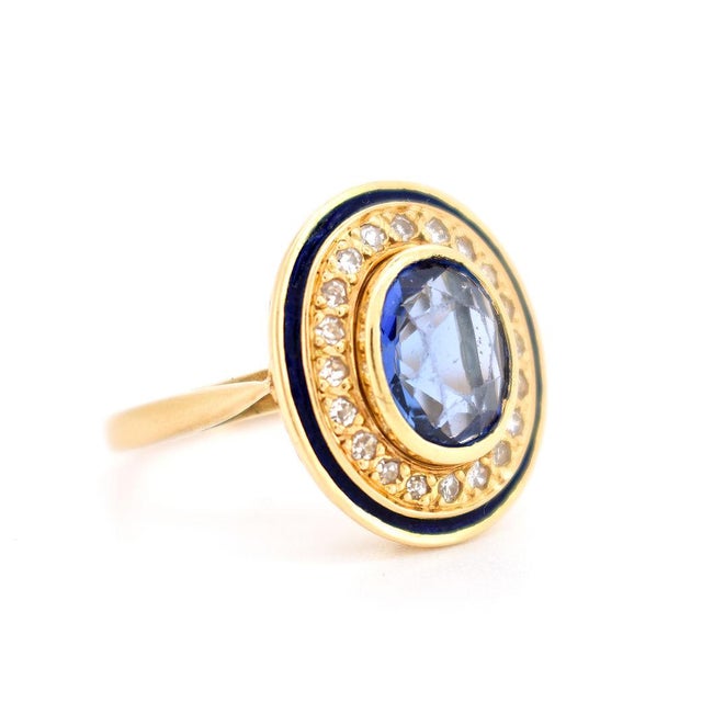 Mid-Century Modern 1960s Halo Ring in Gold, Ceylon Sapphire, Diamonds, and Enamel, Size 7.5 For Sale - Image 3 of 9