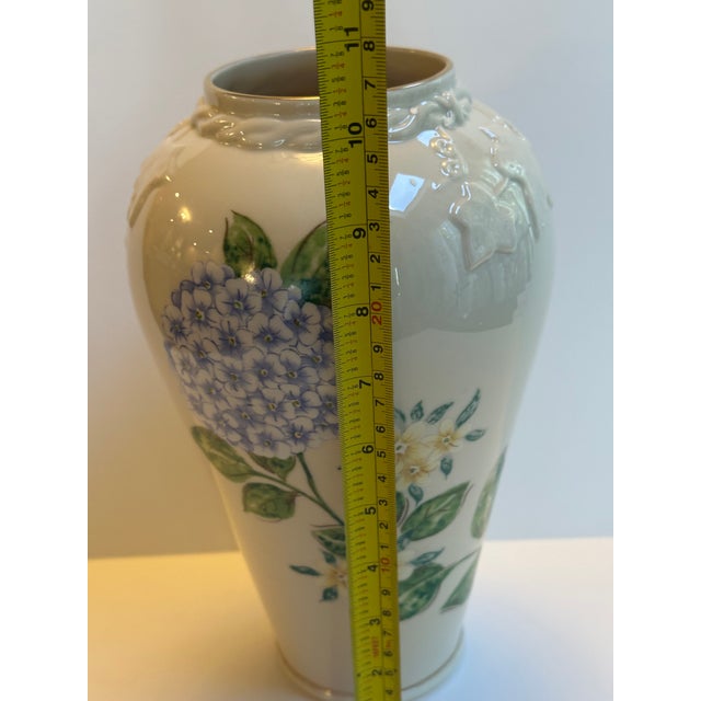Lenox "Blue Hydrangeas" Collection Ceramic 10.5" Tall Ivory Vase Embossed Hand Painted Floral Design For Sale - Image 12 of 15