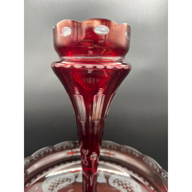 Mid-Century Modern Vintage Bohemian 2 Pc Red Crystal Egermann Czech Art Glass Centerpiece Bowl Vase Epergne Stunning For Sale - Image 3 of 12
