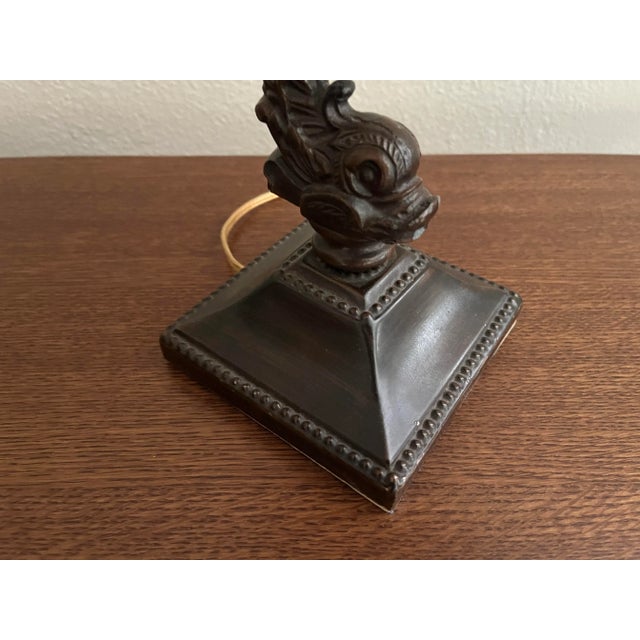 Mid 20th Century Bronze Metal Dolphin Small Table Lamp With New Silk Shade For Sale In Orlando - Image 6 of 10