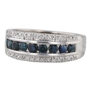 0.86ctw Blue Sapphire Diamond Ring 14k White Gold Size 7.25 Wedding Anniversary For Sale