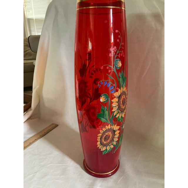 Red Vintage Norleans Red Hand Painted Cylinder Glass Vase Sunflower Floral Italy 22k Gold Accent For Sale - Image 8 of 13