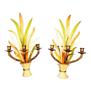 C1950 Signed Mid Century Modern Maison Bagues France Polychrome Palm Dore Bronze Bamboo Sconces - a Pair For Sale