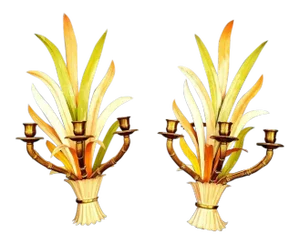 C1950 Signed Mid Century Modern Maison Bagues France Polychrome Palm Dore Bronze Bamboo Sconces - a Pair