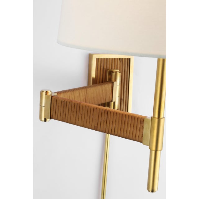 2020s Suzanne Kasler for Visual Comfort Signature Elle Swing Arm Sconce in Hand-Rubbed Antique Brass & Dark Rattan with Linen Shade For Sale - Image 5 of 7