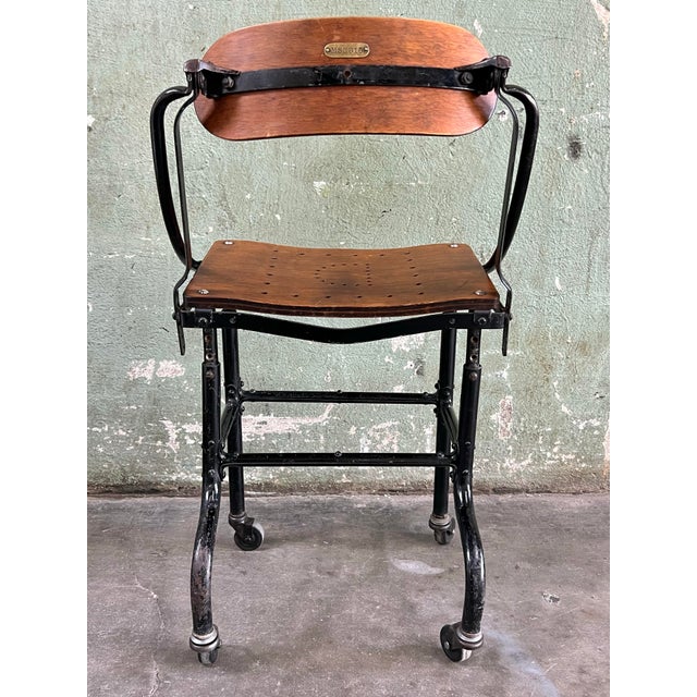 Rare Antique Early DoMore Industrial Rolling Metal Plywood Work Chair Stool For Sale In Minneapolis - Image 6 of 12