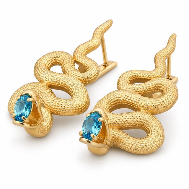 Not Yet Made - Made To Order Massive Snake Earrings With Blue Topazes in Opened Mouth, Pair For Sale - Image 5 of 10