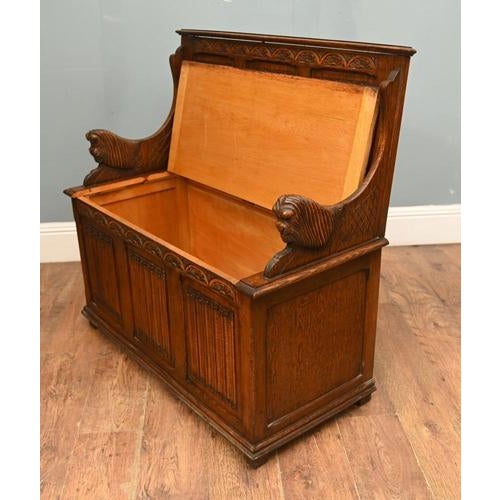 Jacobean Revival Oak Monk's Settle Bench, 1910s For Sale - Image 6 of 8