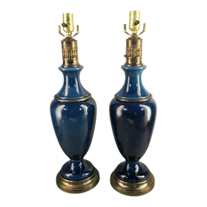 Vintage Pair Mid-Century Modern Cobalt Blue Porcelain Gold Accent Table Lamps