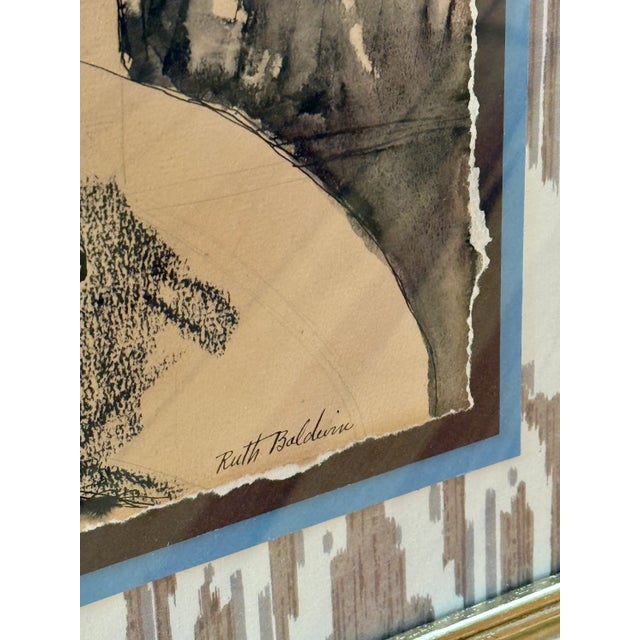 Early 20th Century Early 20th Century Ruth Bunny Baldwin Floral Mixed Media Still Life on Ikat Cowtan and Tout Fabric in Gold Frame For Sale - Image 5 of 7